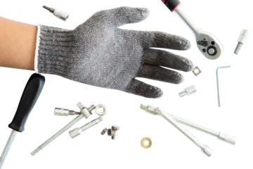 work glove and wrenches scattered