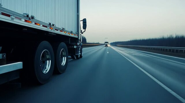 Cargo truck with cargo trailer is driving on the highway. White truck delivering goods