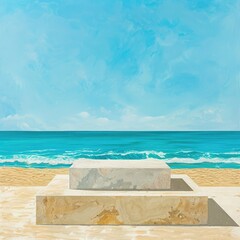 Fototapeta premium The serene summer beach with golden sand and a turquoise sea features an abstract stone podium in the foreground