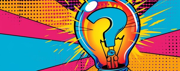 Vibrant pop art light bulb with a question mark, representing creativity, innovation, and ideas on a colorful comic-style background.