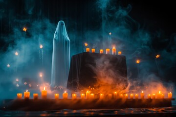 Fototapeta premium Ghostly figure at a podium with floating candles and a foggy background, enhancing the supernatural ambiance, ghostly podium