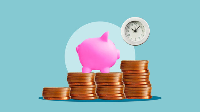 Finance savings investment concept. Savings piggy bank on Growing Money coins stacks. Deposit and bank account