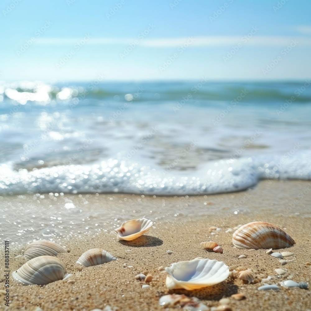 Poster an empty sand beach with delicate shells creates a peaceful scene by the summer sea. the foreground 