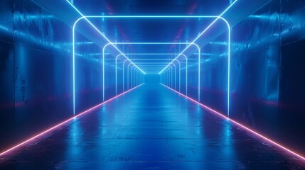 A futuristic blue neon tunnel with glowing lights and a symmetrical design