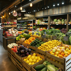 a well-lit produce section in a grocery store. There is a wide variety of fruits and vegetables on display, including apples, oranges, grapes, broccoli, and lettuce.
