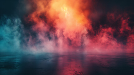 A vibrant and atmospheric scene, where a mist or smoke rises from the ground, blending seamlessly with a gradient of colors ranging from deep blues to fiery reds