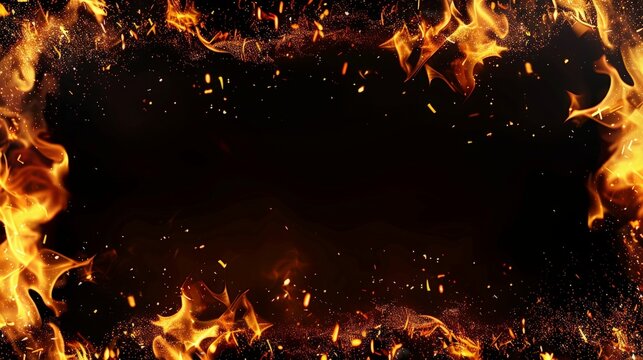 Captivating abstract background showcasing fire particles and sparks against a stark black backdrop, creating a mesmerizing visual experience.
