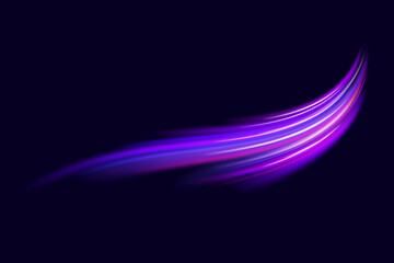 Abstract neon light rays background. A Colorful Motion Background of City Light Trails. Purple glowing wave swirl, impulse cable lines. Long time exposure. Vector