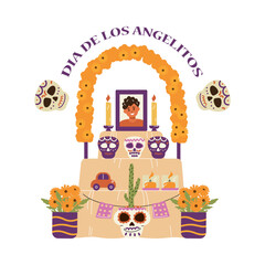Altar for Dia de los Muertos holiday on isolated background.