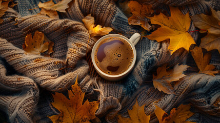 A cup of hot coffee surrounded by colorful autumn leaves and cozy blankets Symbolizing the warmth and comfort evoked in fall season.