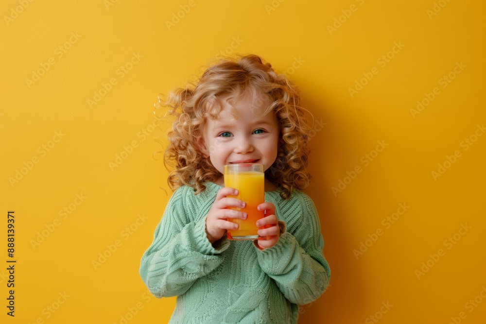 Sticker Cute curly-haired child in green sweater holding a glass of juice