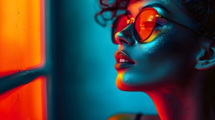 Captivating Reflection:Neon Lit Portrait of a Enigmatic Woman in Glasses