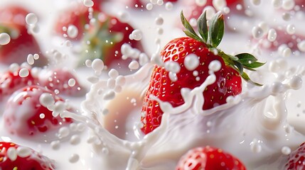 Close-Up of Fresh Strawberries Splashing Into Milk