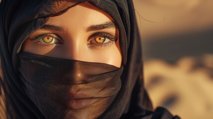 Naklejka premium a woman in a black hijab radiated timeless elegance, her eyes carrying the depth of tradition and beauty . AI generated image