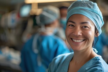 A healthcare worker in scrubs, smiling with pride and compassion. The hospital background with medical equipment and colleagues adds context to their dedication and hard work. Their warm expression
