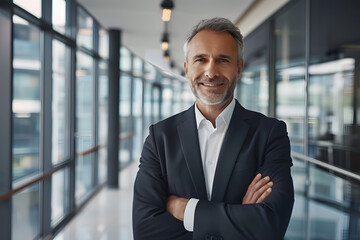 portrait of successful senior businessman consultant looking at camera and smiling inside modern office building