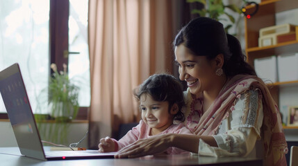 indian mother and daughter using laptop at home
