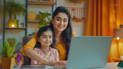 indian mother and daughter using laptop at home