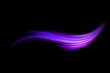Abstract neon light rays background. A Colorful Motion Background of City Light Trails. Purple glowing wave swirl, impulse cable lines. Long time exposure. Vector