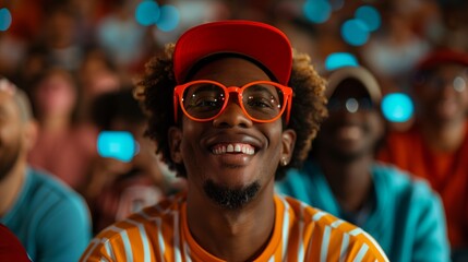 Two male fans smile and laugh while enjoying an exciting event