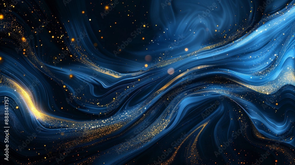 Wall mural rich blue and gold abstract background with swirling patterns and glowing specks