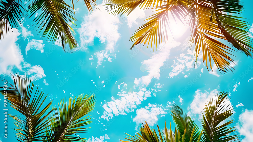 Wall mural palm leaves on blue bright cloudy sky with sunshine bottom view, tropical beach and holiday summer b