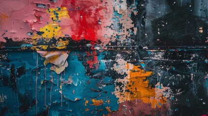 Fototapeta premium Urban-inspired background with faded graffiti and vibrant colors over peeling paint textures