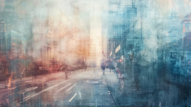 Background with foggy cityscapes distressed textures and glowing lights for urban charm