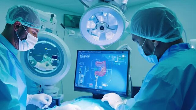A team of doctors in a modern operating room, performing a surgery with advanced robotic assistance. The scene is sterile, with high-tech medical equipment surrounding the operating table.