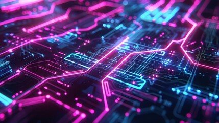 Fototapeta premium Neon blue and pink circuits on dark backdrop creating a futuristic atmosphere