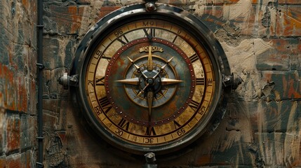 Obraz premium clock with a compass pattern adorns the wall, the clock hands are ready to travel the hours and minutes. AI generated image