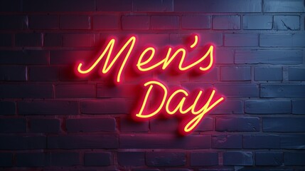 Obraz premium A red neon sign on a brick wall reads Men's Day