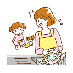 キッチンで食器洗いをしている時に子どもが飲み物をこぼしているのを見て慌てている若い母親のイラスト