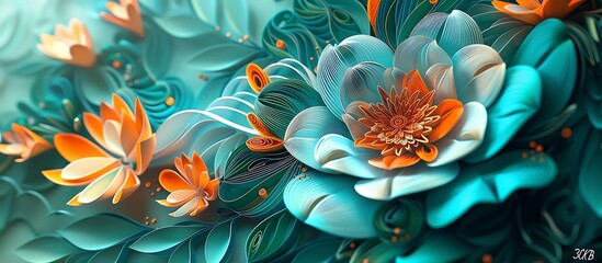 Detailed 3D floral art in teal and orange, paper quilling style, high resolution.