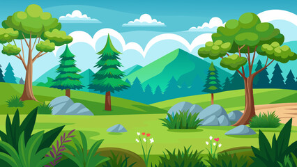 Obraz premium Nature landscape with mountains, green grass and trees vector illustration 