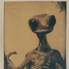 a creature resembling a humanoid lizard or alien with large, prominent eyes. The sepia tone and high contrast give it a vintage, eerie appearance.