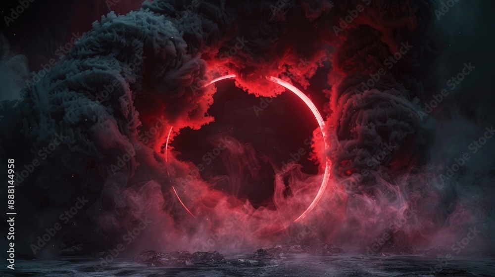 Wall mural thick billows of smoke erupting from a circular void, illuminated by ominous red glows, creating a s