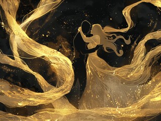 A man and woman dancing, golden light swirls around them, in the style of glowpunk with high contrast, elegant , detailed illustration, black background, dark gold color scheme, close-up shot. 