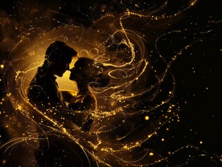 A man and woman dancing, golden light swirls around them, in the style of glowpunk with high contrast, elegant , detailed illustration, black background, dark gold color scheme, close-up shot. 