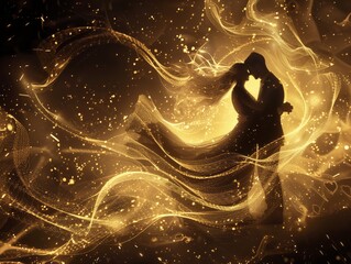 A man and woman dancing, golden light swirls around them, in the style of glowpunk with high contrast, elegant , detailed illustration, black background, dark gold color scheme, close-up shot. 