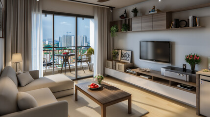 modern compact living room with Tv and sofa with cityscape view .......
