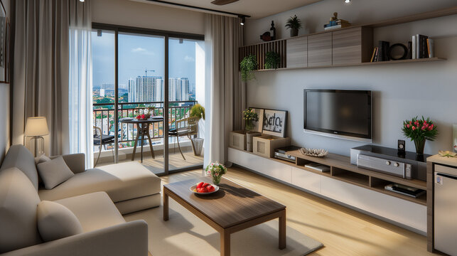 modern compact living room with Tv and sofa with cityscape view .......
