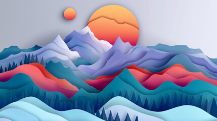 Panorama of the vast mountain range. Paper cut style. Layers of paper with different color tones to show the depth and distance of the mountain.