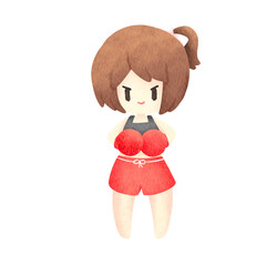 Watercolor girl red boxer, boxing, sport, cartoon