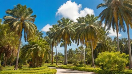 Scenic Tropical Park with Towering Palm Trees. Made with Generative AI Technology