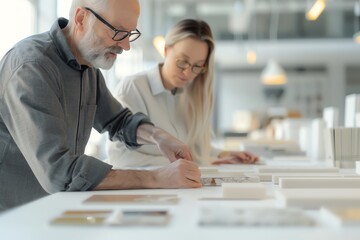 Two architects working together on a project. They are looking at plans and discussing the design.