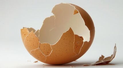 Close-up of a broken eggshell on a white background, symbolizing fragility and new beginnings.