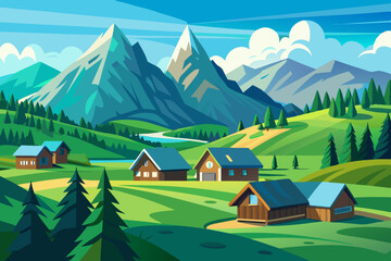 Mountain green field landscape with wooden houses vector illustration