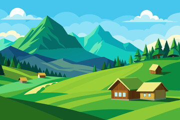 Mountain green field landscape with wooden houses vector illustration