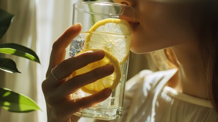 A person drinking a glass of water with lemon slices, emphasizing hydration and detoxification